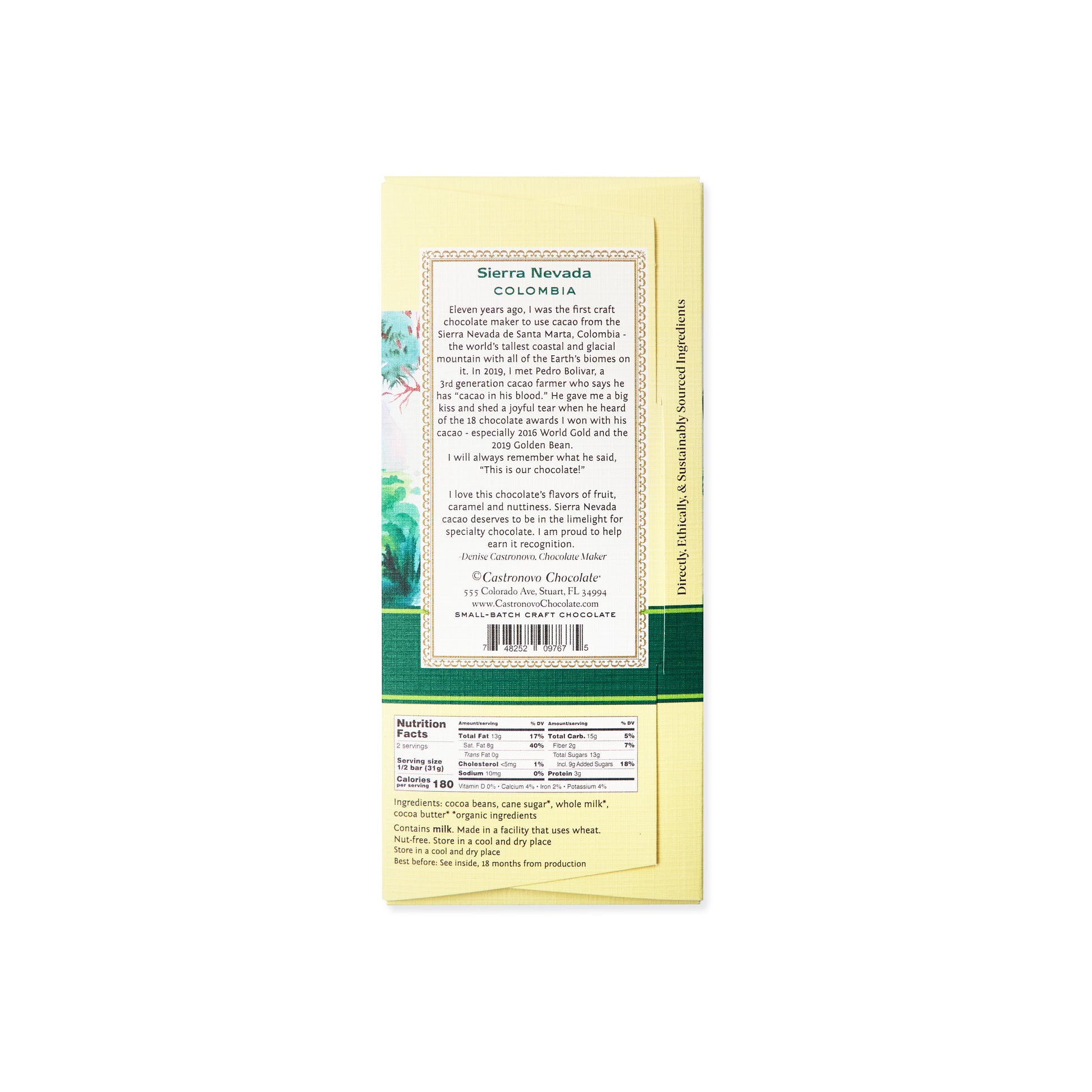 Back Label of Castronovo Chocolate Sierra Dark Milk Chocolate