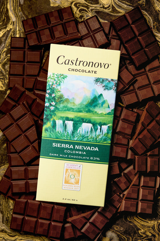 A bar of Castronovo Chocolate with Sierra Nevada Colombia 63% Dark Milk. The chocolate is displayed with multiple pieces broken away, revealing the dark texture and color.