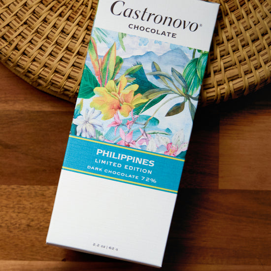 A package of Castronovo Chocolate with a floral design, indicating a limited edition chocolate from the Philippines.