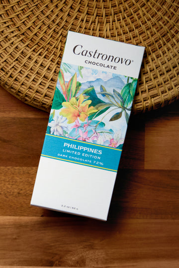 A package of Castronovo Chocolate with a floral design, indicating a limited edition chocolate from the Philippines.