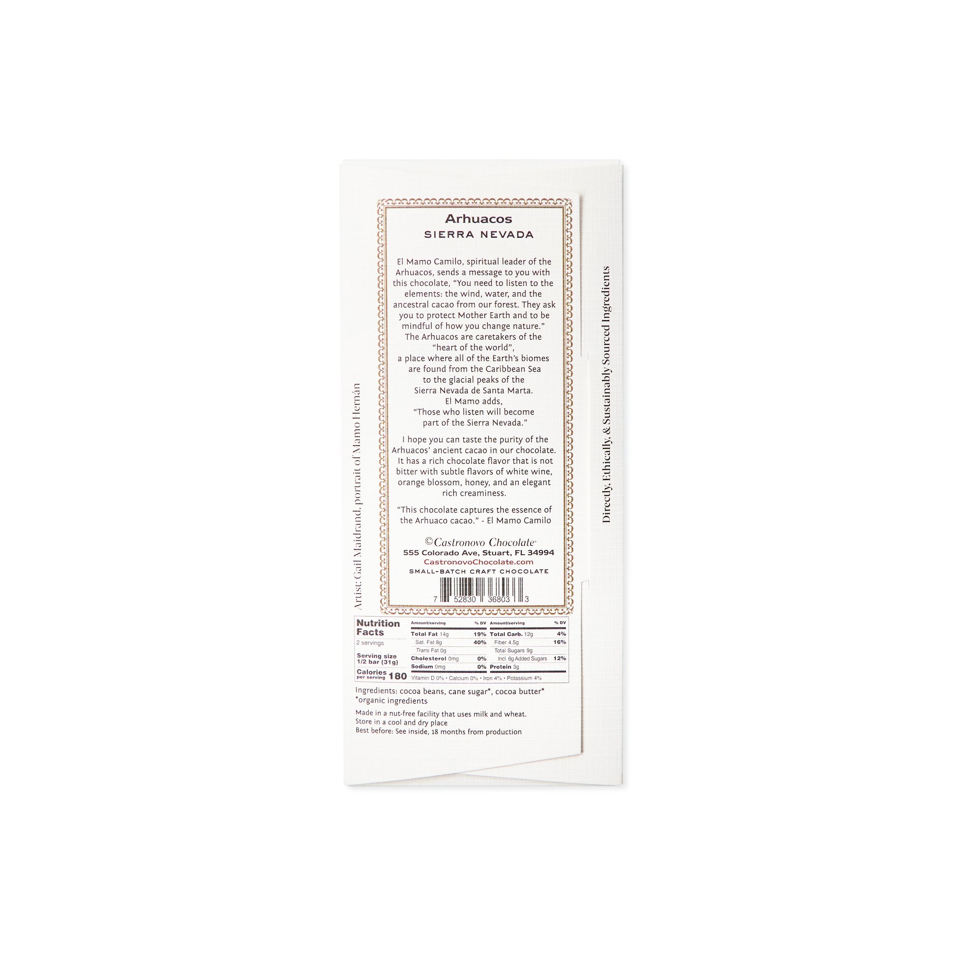 Back label and nutrition info for Archuacos dark chocolate