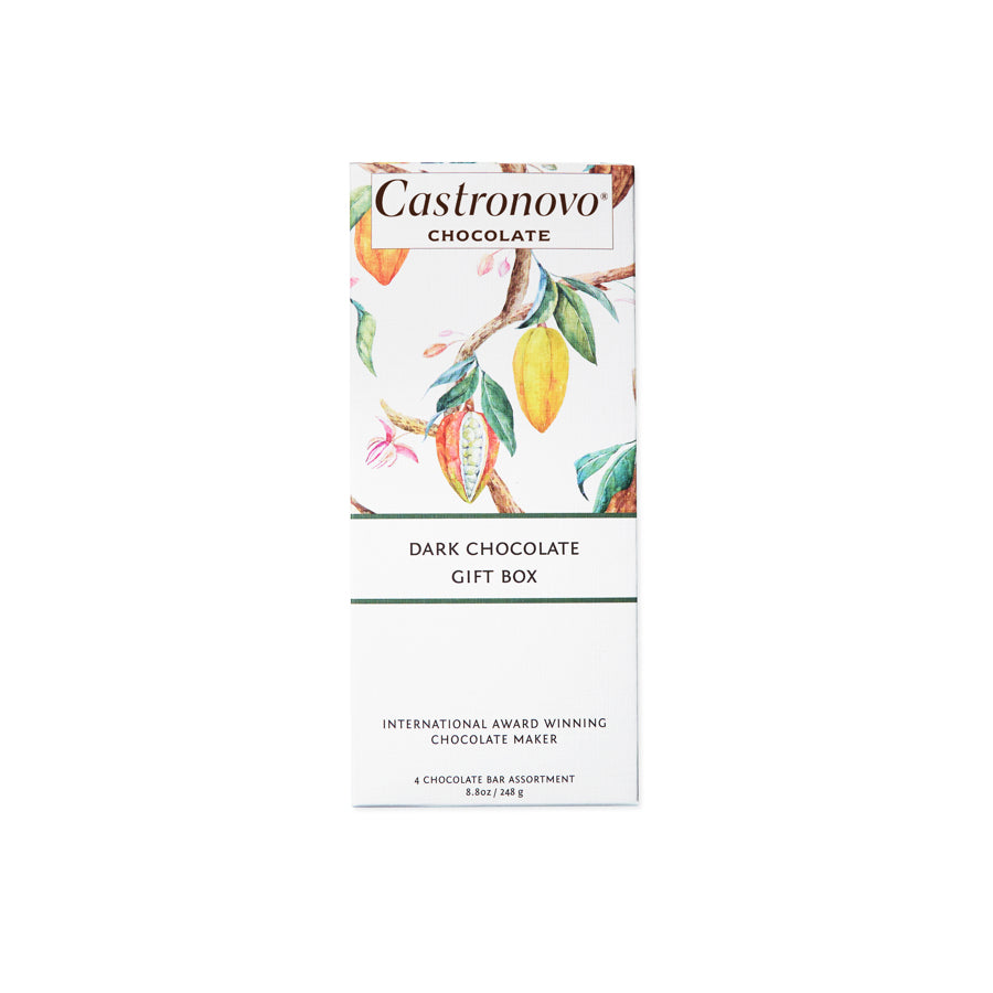 Castronovo brand dark chocolate gift box front view, watercolor illustration of cocoa pods on tree, white packaging against white background
