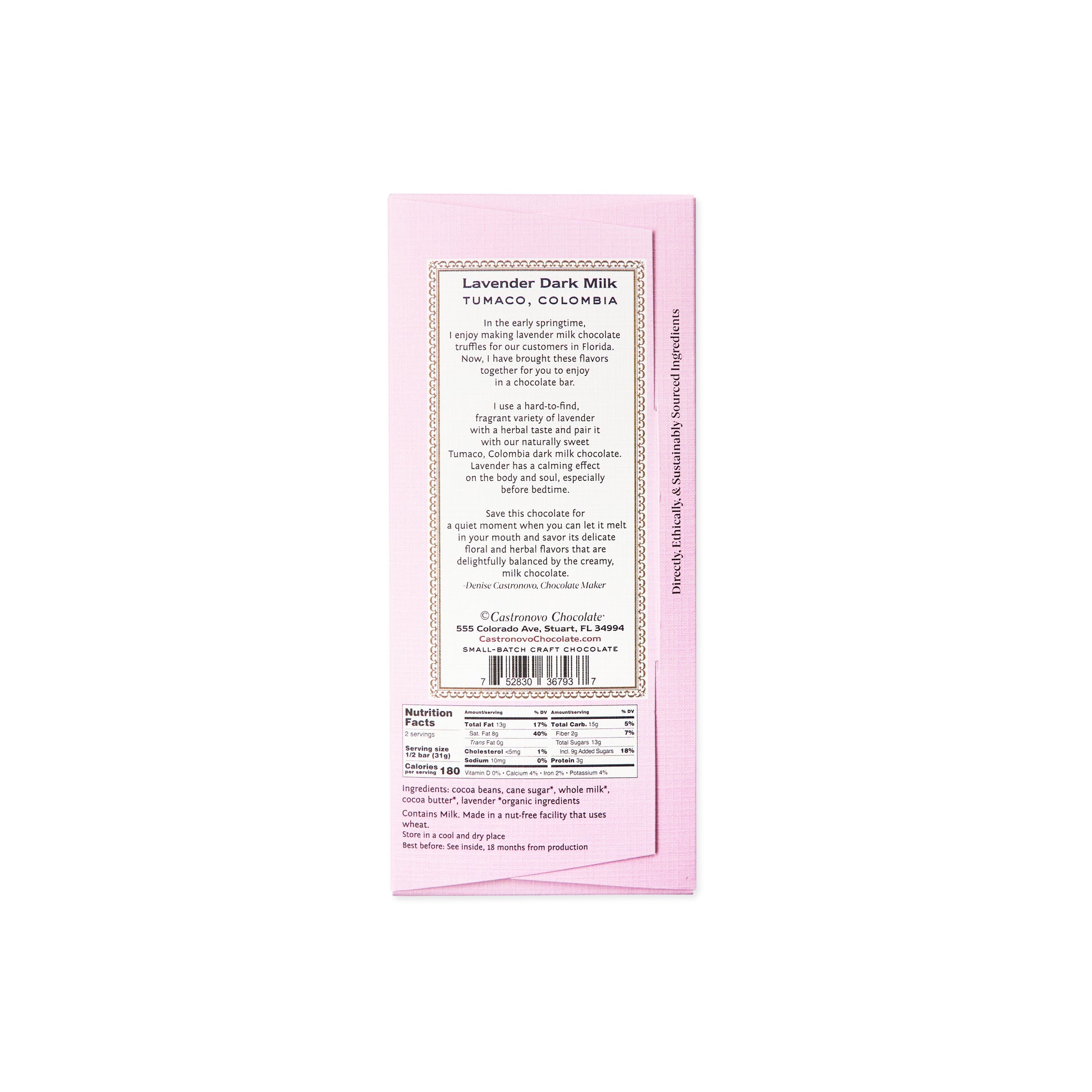 Back label of Castronovo Chocolate dark milk with lavender