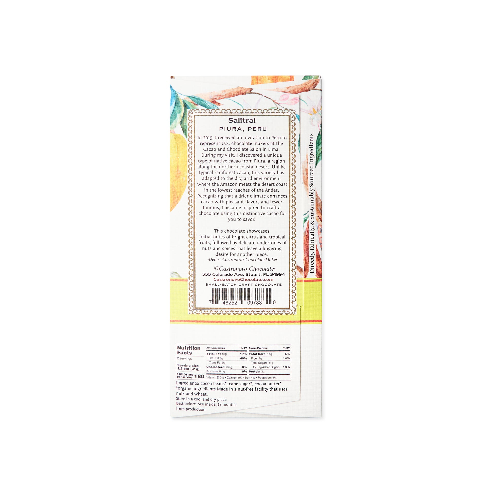 Back label and nutrition facts for Castronovo brand "Salitral" dark chocolate from Piura, Peru. Back packaging against white background