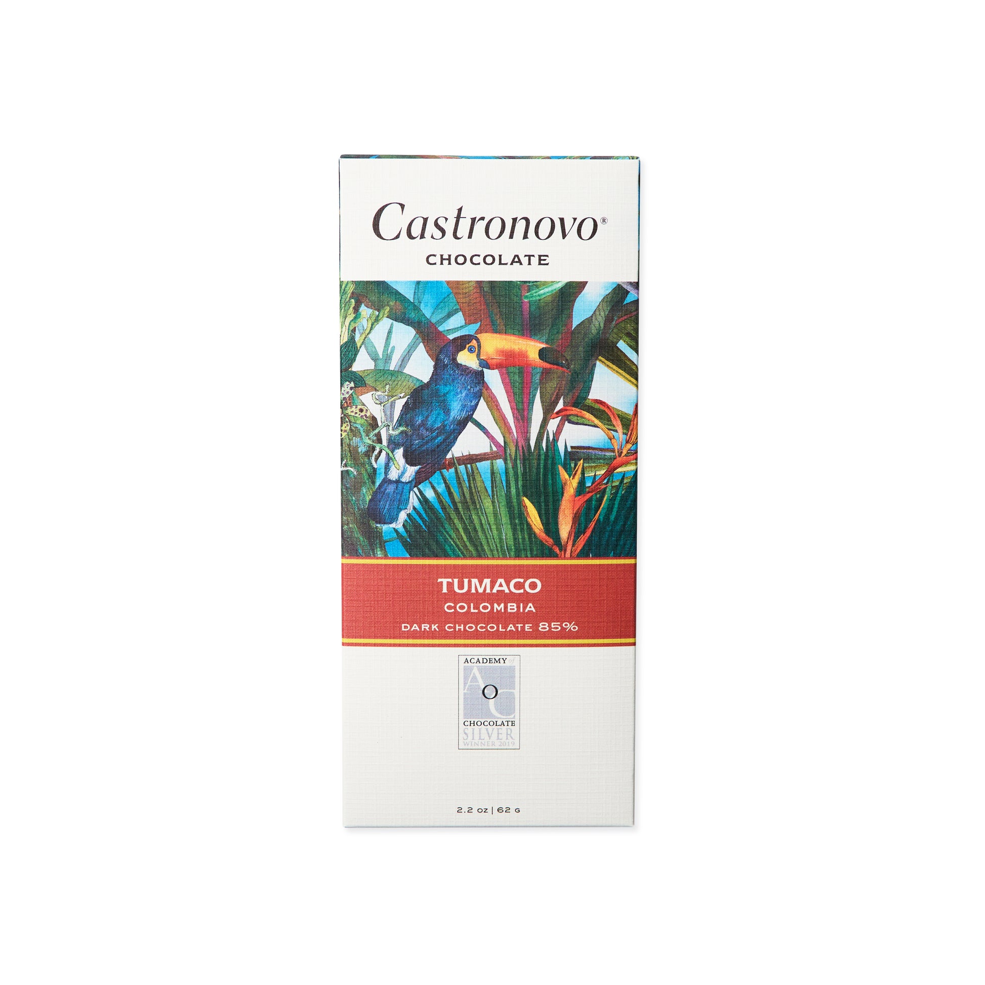 85 percent Colombian dark chocolate from Tumaco, image of tropical bird on cover, against white background