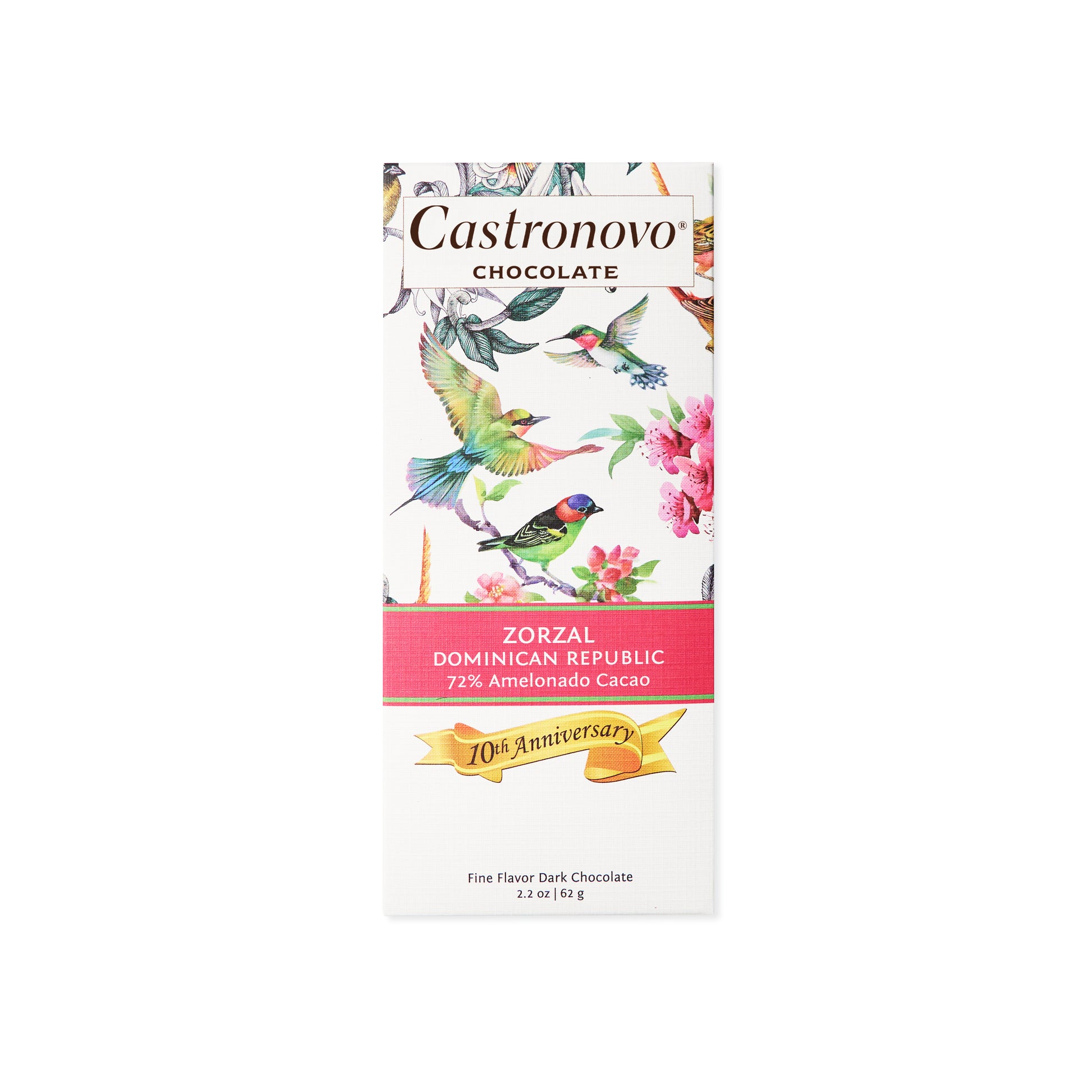 Castronovo brand Zorzal Dominican Chocolate with 72 percent Amelonado Cacao; packaging has illustration of colorful birds along with ribbon that reads "10th Anniversary"