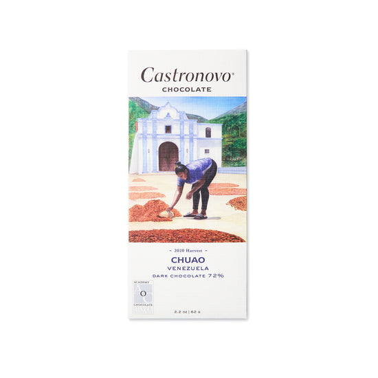 72 percent dark chocolate bar with illustration of woman sorting cacao beans on cover