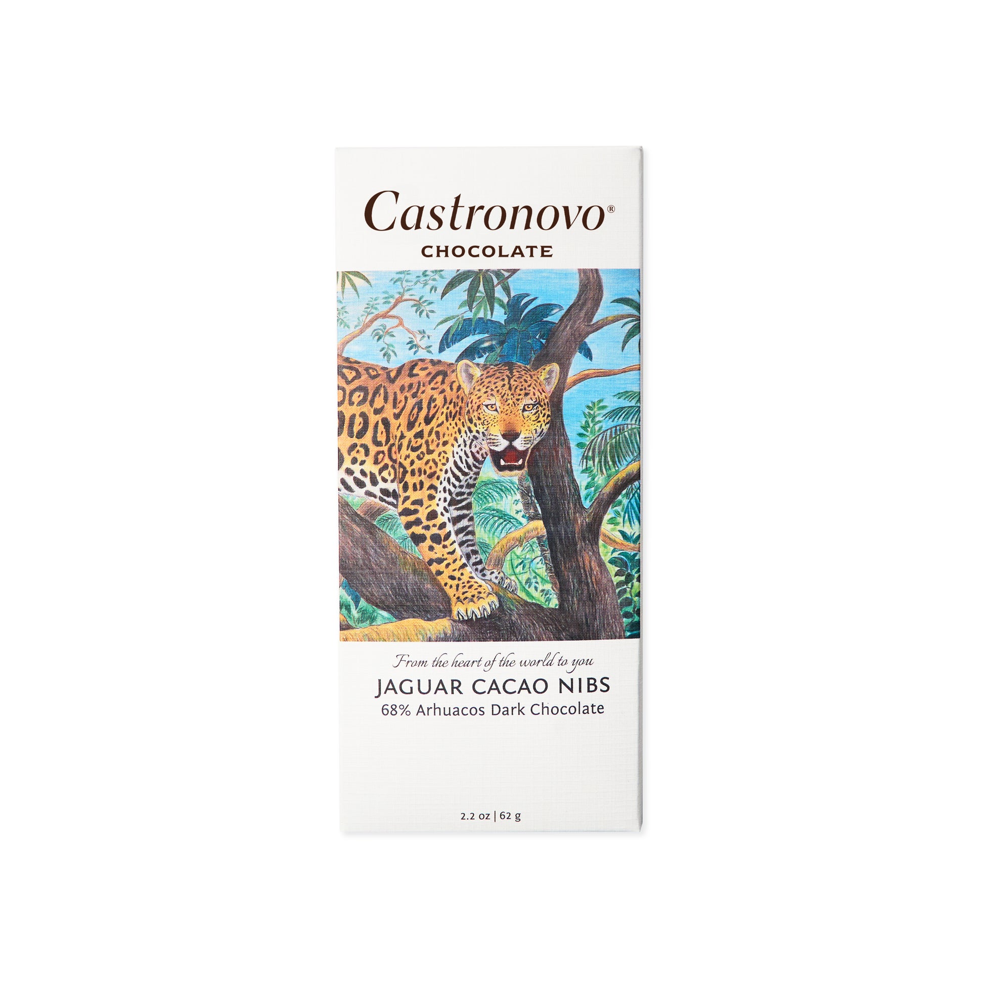 Front view of chocolate bar with roasted macambo pieces, image of jaguar on cover