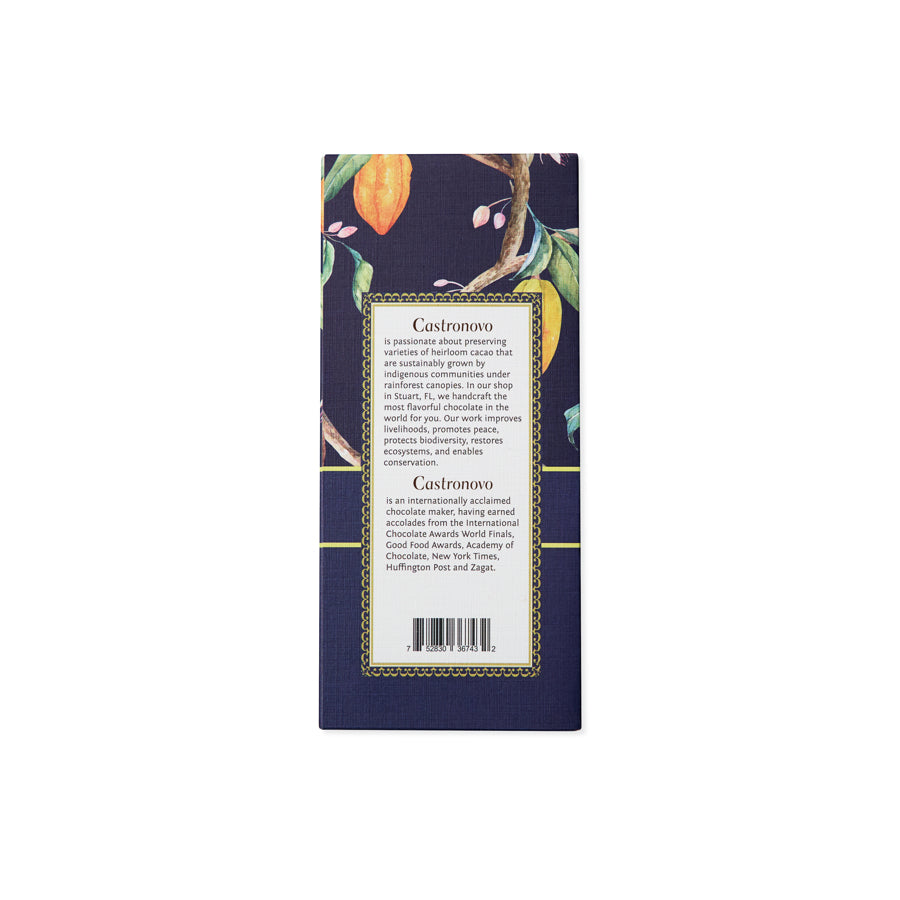 Back view of Castronovo brand milk chocolate gift box, navy blue packaging against white background