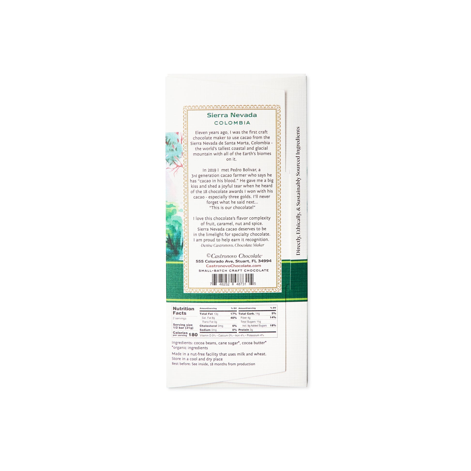 Back label of Castronovo Chocolate Sierra Nevada Colombian Dark chocolate
