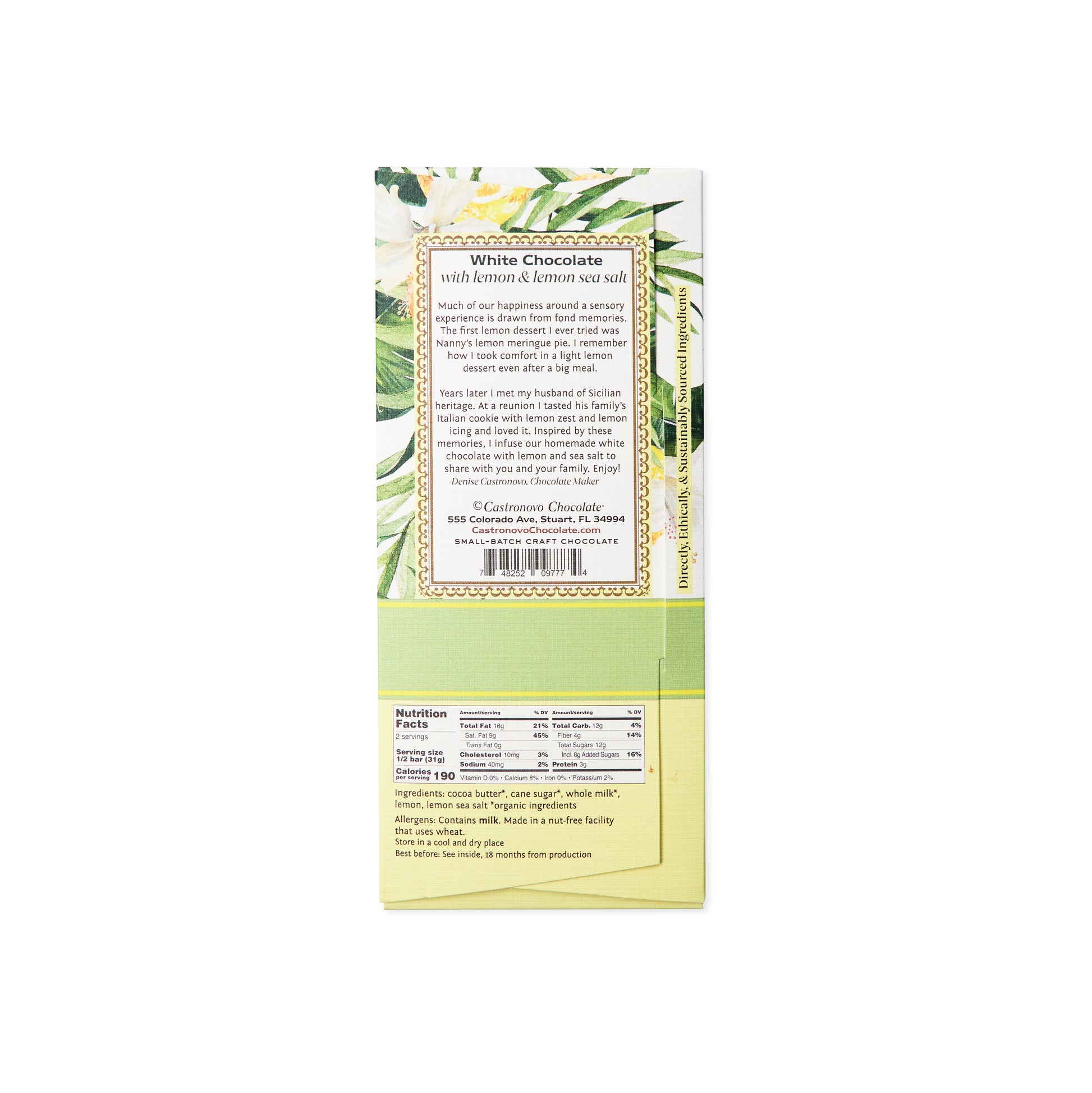 Back label of Castronovo Chocolate white chocolate with lemon bar against a white background