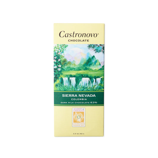 Castronovo Chocolate dark milk Sierra Nevada Colombian chocolate bar with light yellow cover against white background