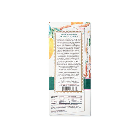 Castronovo Chocolate dark chocolate made with beans harvested by the Awajun women of Peru, view of back label against white background 