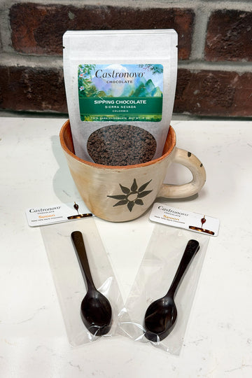 Handmade Chazuta ceramic mug with Sipping Chocolate & spoons