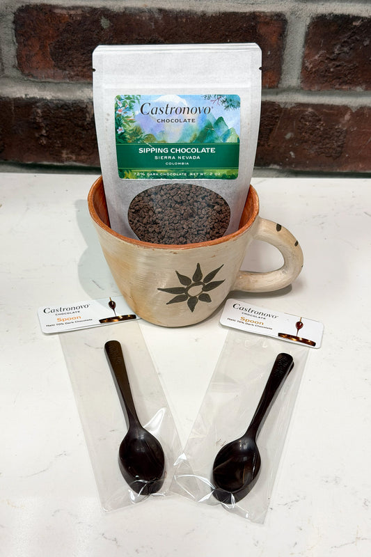 Handmade Chazuta ceramic mug with Sipping Chocolate & spoons