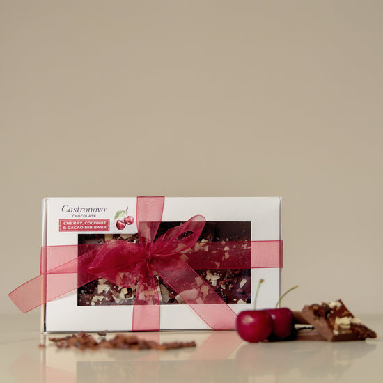 1/2 lb of cherry, coconut, cacao nib bark made with semi-sweet dark chocolate from Colombia.