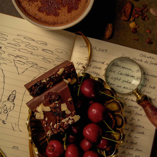 A picture of cherry, coconut, cacao nib bark in a bowl of cherries on top of a journal record about the Sierra Nevada de Santa Marta, Colombia. Beside the bowl is a cup of hot drinking chocolate.