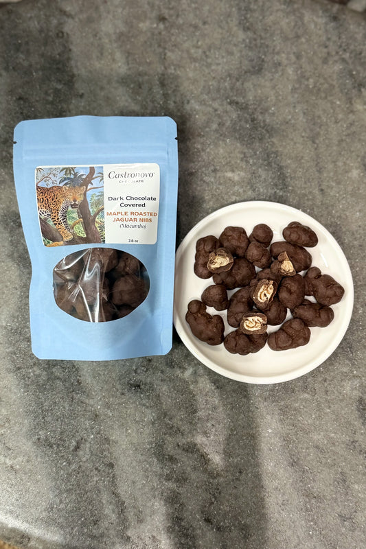Maple Roasted Macambo Nibs coated in 70% Dark Chocolate