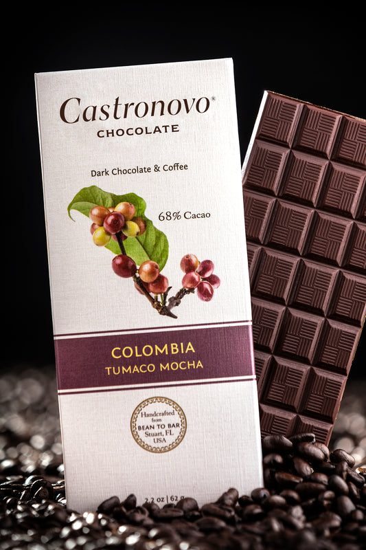 A chocolate bar with dark chocolate and coffee beans, packaging indicates it is 68% cocoa and from Colombia.