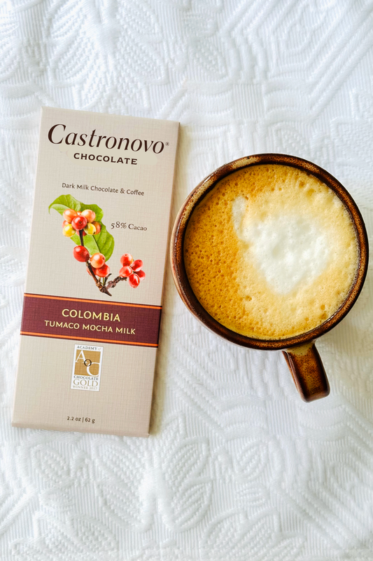 A bar of Castronovo chocolate with 'Colombia' text and a picture of a flower, alongside a steaming cup of mocha on a white surface.