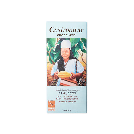 Castronovo Chocolate Archuacos 600 percent dark chocolate bar with cacao nibs against white background 