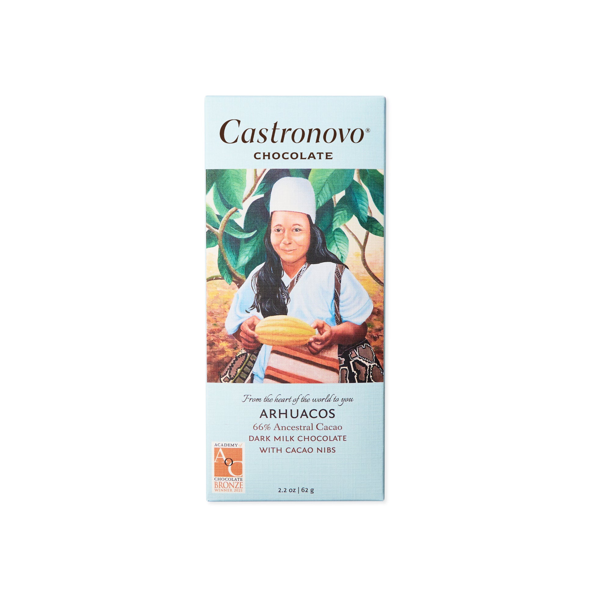Castronovo Chocolate Archuacos 600 percent dark chocolate bar with cacao nibs against white background 