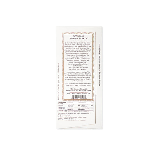 Back label and nutrition info for Archuacos dark chocolate 