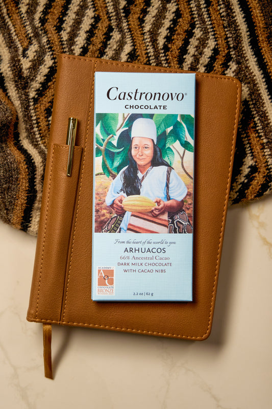 Castronovo Chocolate bar with illustration of indigenous man holding cacao pod on cover against tan background 