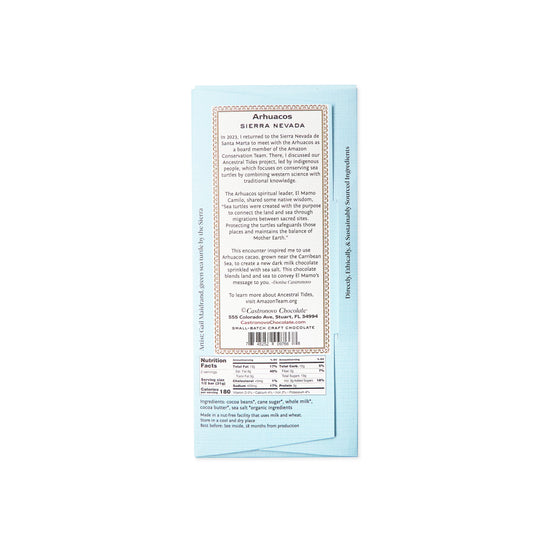 Back label and nutrition information for Castronovo Brand Archuacos dark milk chocolate 