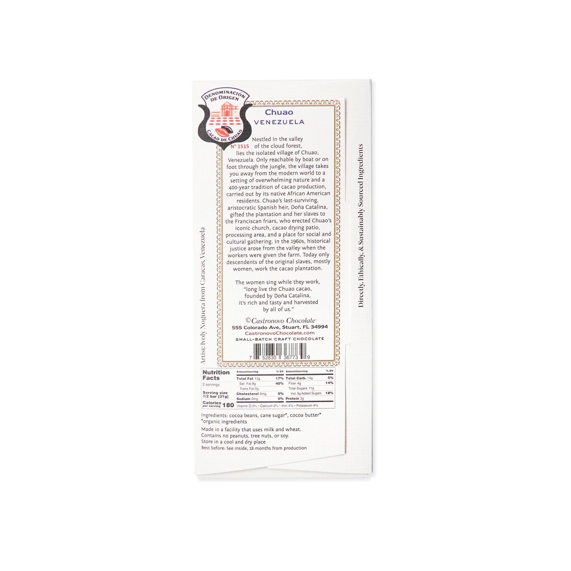 Back label and nutrition information for Castronovo brand Chuao Venezuela dark chocolate 