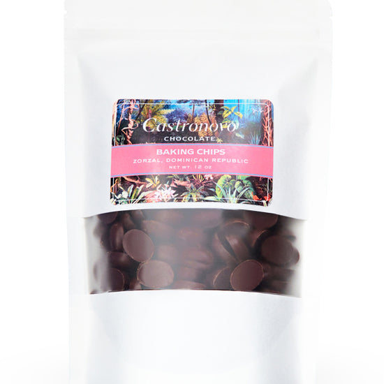 A clear plastic package of Castronovo brand dark chocolate baking chips with a colorful design and the product visible through the packaging.