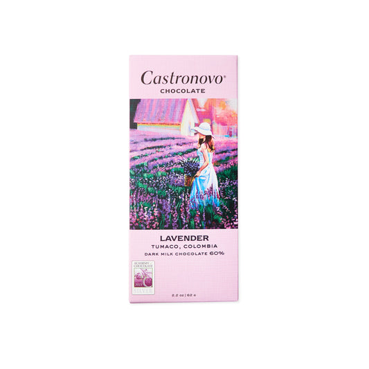 Castronovo Chocolate Dark Milk with Lavender bar, light purple packaging with illustration of woman in lavender field, against white background 