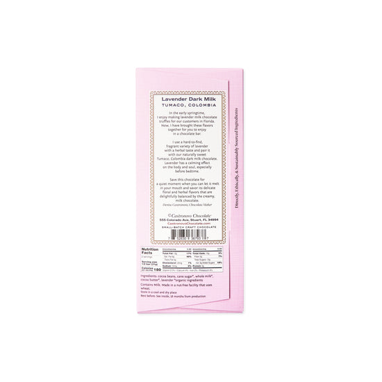 Back label of Castronovo Chocolate dark milk with lavender