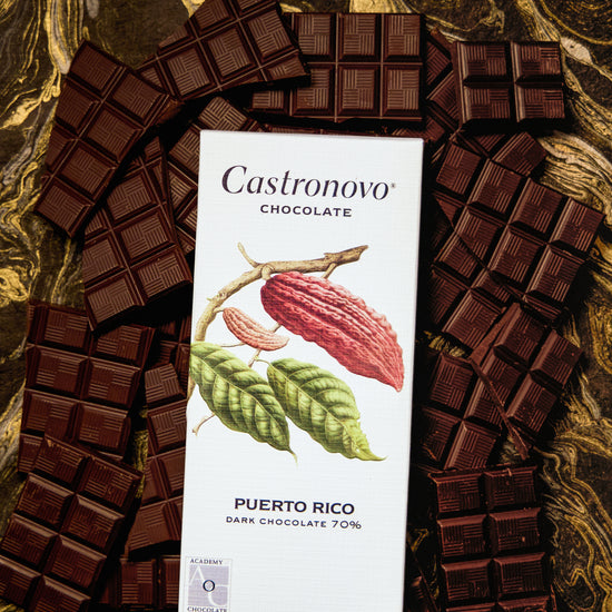 A bar of dark chocolate with the brand Castronovo Chocolate, labeled 'Puerto Rico 70% Dark', displayed on a marble surface surrounded by pieces of chocolate