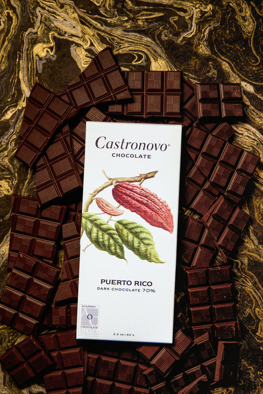 A bar of dark chocolate with the brand Castronovo Chocolate, labeled 'Puerto Rico 70% Dark', displayed on a marble surface surrounded by pieces of chocolate