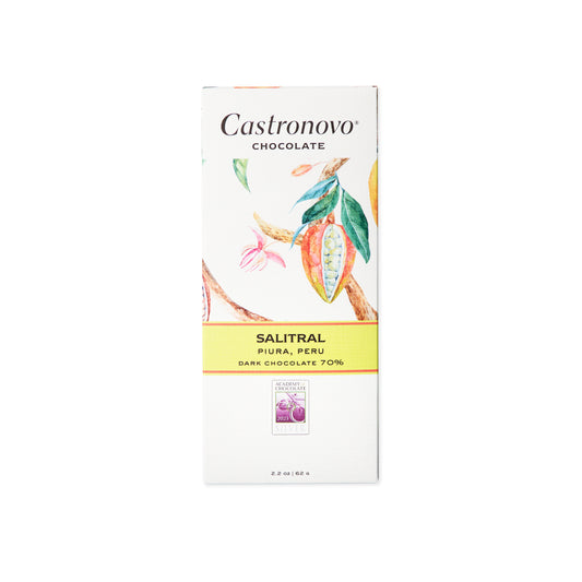 Castronovo "Salitral" 70 percent dark Peruvian hot chocolate bar against white background 