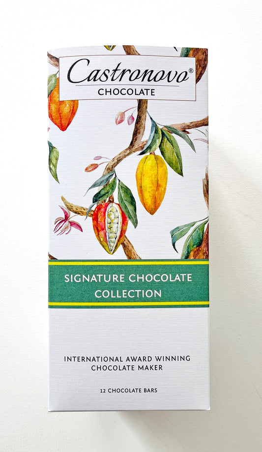 Front view of Castronovo brand signature chocolate collection gift box; colorful illustration of cocoa pods against white background with blue accent stripe