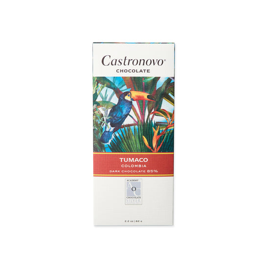 85 percent Colombian dark chocolate from Tumaco, image of tropical bird on cover, against white background 