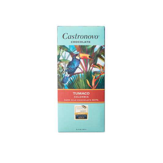 Front view of Castronovo brand Tumaco Colombia 60 percent dark milk chocolate against white background 
