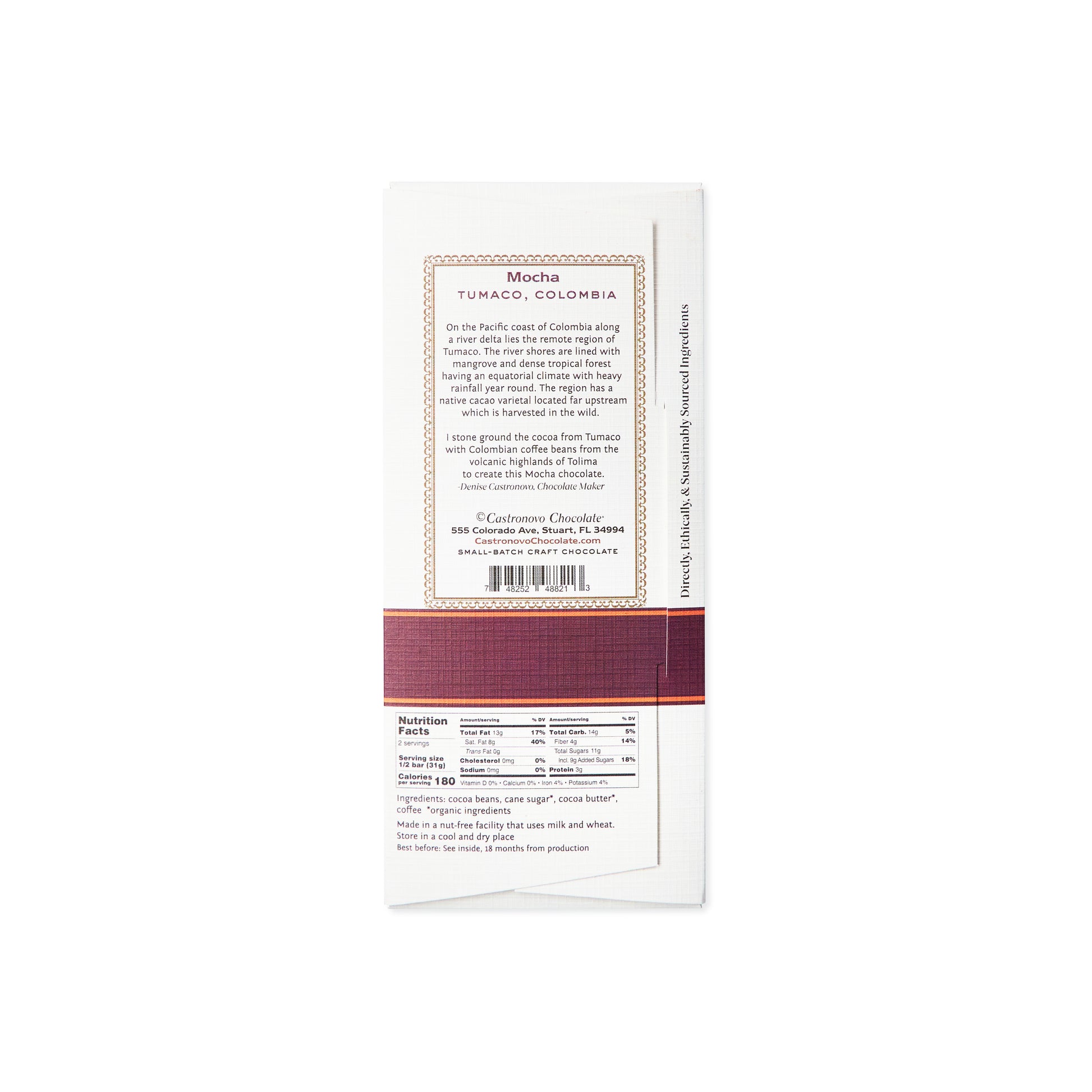 Back label and nutrition facts for Castronovo brand Mocha dark chocolate made with Tumaco beans; white packaging with red accent stripe against white background 