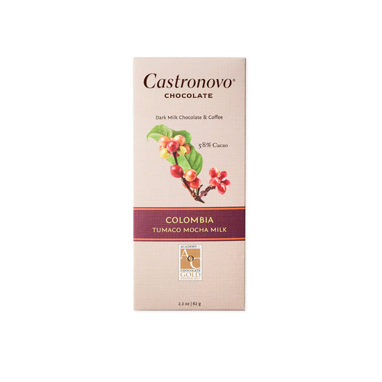 Castronovo brand dark milk chocolate bar made from Tumaco beans with coffee; tan packaging with illustration of coffee beans against white background 