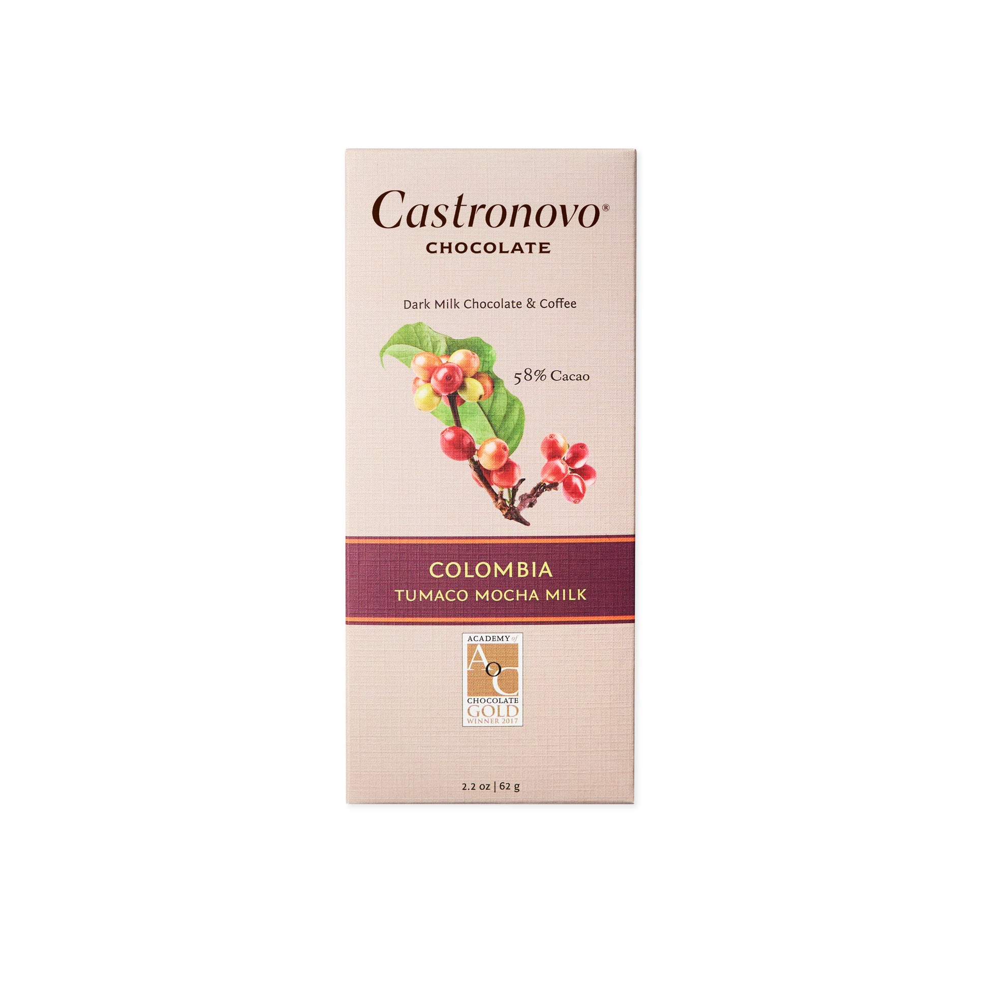 Castronovo brand dark milk chocolate bar made from Tumaco beans with coffee; tan packaging with illustration of coffee beans against white background 