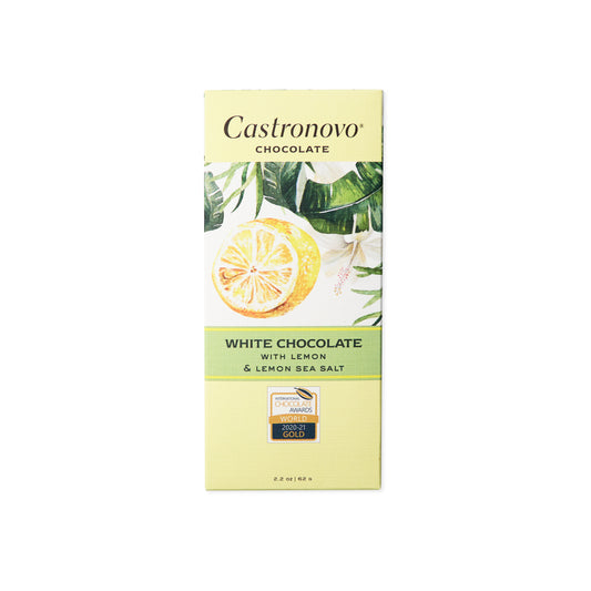 Castronovo Chocolate white chocolate with lemon and lemon sea salt bar; yellow packaging with lemon illustration against white background 