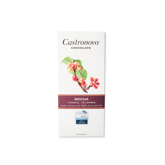 Castronovo Tumaco Colombian chocolate with coffee against white background 