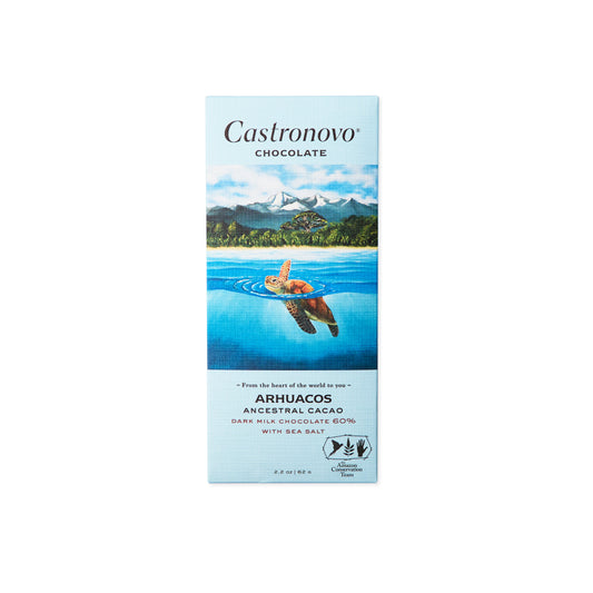 Dark milk chocolate bar with sea salt with illustration of sea turtle against white background 