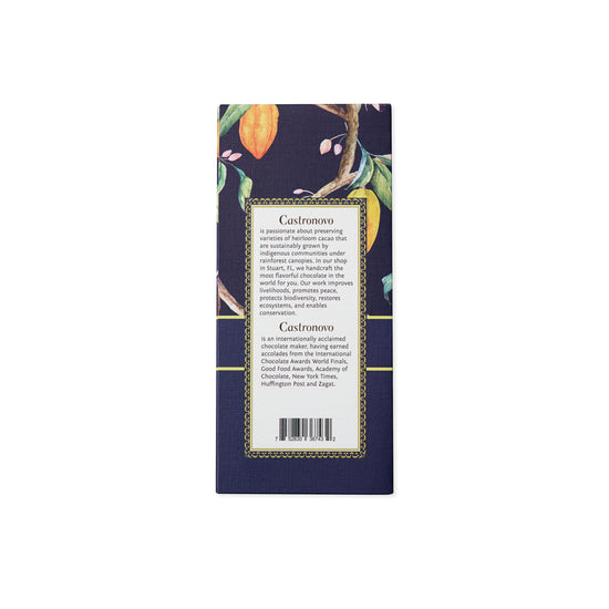 Back view of Castronovo brand milk chocolate gift box, navy blue packaging against white background 