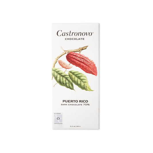 Bar of Castronovo Puerto Rico 70 Percent dark chocolate displayed on white background 