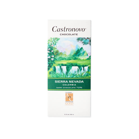 Castronovo Chocolate Sierra Nevada Dark Chocolate bar from Colombia against white background