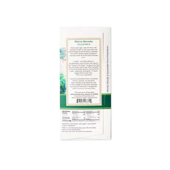 Back label of Castronovo Chocolate Sierra Nevada Colombian Dark chocolate