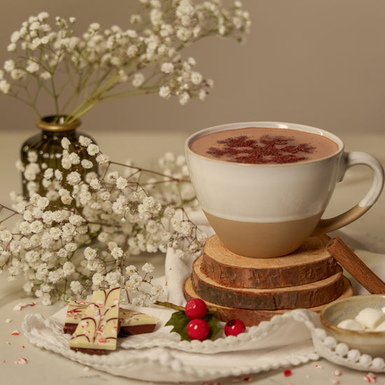 Image of hot sipping chocolate in mug on tan background surrounded by flowers, peppermint chocolate bark, and marshmallows